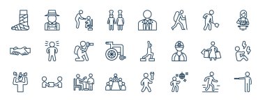 İnsan web simgelerinin ana hatları. Kırık bacak, aşçı çifti, kamusal iş, gururlu poz, spor, acı, restoranda ödeme, erkek dansı vektörü gibi ince çizgi simgeleri.