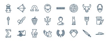 Anahat tarzında bir takım Yunan web simgeleri. İnce çizgi simgeleri, olimpus, aristotle, minotor, mürekkep ve tüy, büyük Alexander, harf tüyü, kırık amfora, ilham perisi vektörü gibi..