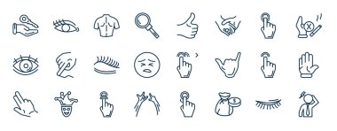 Anahat tarzında bir dizi jest web simgesi. Anahtarın üzerinde asılı duran ince çizgi simgeleri, yukarı bakın, aşağı sürükleyin, lekeleyin, sağa sürükleyin, el kaldırın, yukarı çekin, para çantası dolar vektörü gibi.