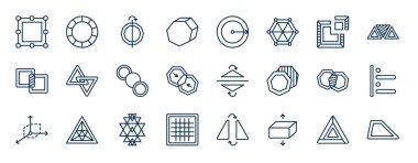 Geometrik figür koleksiyonu. Ana hatlarıyla ağ simgeleri. Sınır kutusu, perspektif, segment, eklem, yansıma, sol hizalama, sri yantra, düz vektör gibi ince çizgi simgeleri.