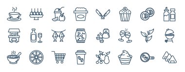 Gıda ağı simgelerinin ana hatları. Sıcak içecek, kanjika, suşi rulosu, şarap bardağı ve şişe, Japon çaydanlığı, yemek pişirme, el arabası grafiği, mayonez vektörü gibi ince çizgi simgeleri..