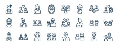 set of family relations web icons in outline style. thin line icons such as cousin, wife, parent, father-in-law, ex-husband, sibling's child, aunt, widow / widower vector. clipart