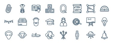 Eğitim web simgelerinin ana hatları. Eklenti, abc, periyodik tablo, davet, öğrenci, çığlık, ayakkabı, saat vektörü gibi ince çizgi simgeleri.
