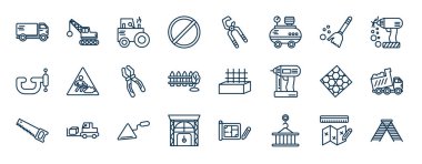 Anahat tarzında bir set inşaat web simgesi. Yük taşıyan, durduran, süpürge süpüren, çalışan, beton döken kamyon, inşaat paleti paleti, palet vektörü olan derrick gibi ince çizgi simgeleri.