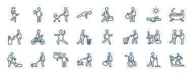 Anahat tarzında davranış ağ simgeleri. Bayraklı adam, sopa adam şınav, güneş banyosu, bisiklete binmek, koşmak, iki arkadaş, sunum tahtası,