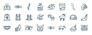 Anahat tarzında bir takım hayvan ağ simgeleri. Köpek evi, evcil hayvan dükkanı, pençe izi, şirin tavşan kafası, piyon izi, hayvan testi, tıbbi dosya, tapir vektörü gibi ince çizgi simgeleri.