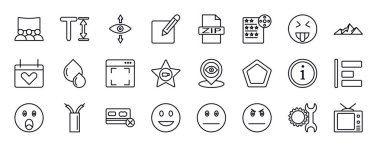 kullanıcı arayüzü düzenlenebilir satır simgeleri ayarlandı. kullanıcı arayüzü ince çizgi simgeleri koleksiyonu. Sinema salonu, metin yüksekliği, perspektifler, kompozisyon, zip dosyası, film listesi, küstah vektör illüstrasyonu.