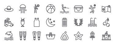 Yazın düzenlenebilir satır simgeleri ayarlandı. Yaz ince çizgi ikonları koleksiyonu. Pamela, denizanası, cankurtaran, plaj topu, su kayağı, taşınabilir buzdolabı, plaj voleybolu illüstrasyonu.