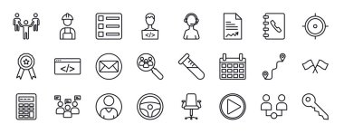 Stratejik satır simgeleri ayarlandı. Strateji ince çizgi simgeleri koleksiyonu. lider, işçi, liste, programcı, müşteri desteği, rapor, telefon rehberi çizimi.