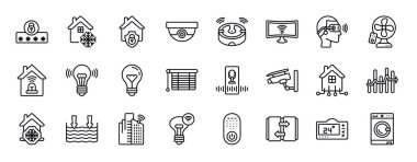 akıllı ev düzenlenebilir satır simgeleri ayarlandı. Akıllı ev ince çizgi simgeleri koleksiyonu. Güvenlik kodu, dondur, güvenlik sistemi, güvenlik kamerası, robot elektrik süpürgesi, akıllı televizyon, sanal gerçeklik vektör illüstrasyonu.