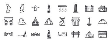 Düzenlenebilir çizgi simgeleri dizildi. Anıtlar ince çizgi simgeleri koleksiyonu. Paskalya adası, moia heykelleri, saat kulesi, koy, daire, İspanya vektör çizimi.