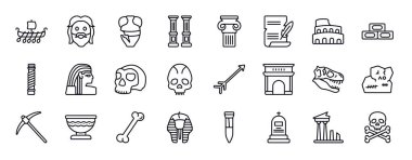 tarih düzenlenebilir satır simgeleri ayarlandı. Tarih ince çizgi simgeleri koleksiyonu. Viking gemisi, yüz, arkeoloji, sütunlar, poster, kolezyum vektör çizimi.