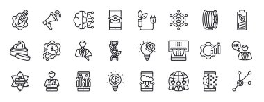 Genel düzenlenebilir satır simgeleri ayarlandı. Genel ince çizgi simgeleri koleksiyonu. uygulama, ajitasyon, gelecek teknoloji, uzaklık öğrenme, biyokütle enerjisi, bpm, filament vektör çizimi.