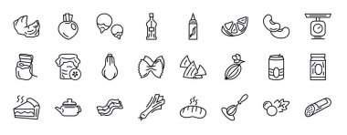 Gastronomi düzenlenebilir satır simgeleri ayarlandı. Gastronomi ince çizgi simgeleri koleksiyonu. istiridye, şalgam, mısır koçanı, cin, acı sos, limon, fasulye vektör çizimi.