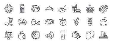 Gıda düzenlenebilir çizgi simgeleri ayarlandı. yiyecek ince çizgi ikonları koleksiyonu. çiçek şekilli bisküviler, spaguetti, midye, salata, mantou, fast food restoranı, bir mum vektör resimli pasta.