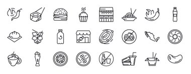 Gıda düzenlenebilir çizgi simgeleri ayarlandı. yiyecek ince çizgi ikonları koleksiyonu. acı biber, maki, burguer, kek fırını, kafe bar, chow mein, sıcak kırmızı biber vektör illüstrasyonu.
