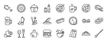 Gıda düzenlenebilir çizgi simgeleri ayarlandı. yiyecek ince çizgi ikonları koleksiyonu. Çay, çörek, çörek, sos, kırmızı fasulye çorbası, sıcak kahve fincanı, mapo tofu vektör çizimi..