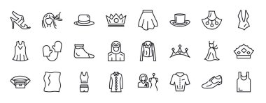 moda düzenlenebilir satır simgeleri ayarlandı. moda ince çizgi simgeleri koleksiyonu. yüksek topuklu sandaletler, saç boyası, yuvarlak şapka, kraliyet, kısa etek, silindir şapka, aksesuar vektör çizimi.