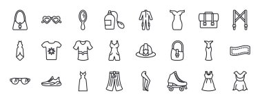 moda düzenlenebilir satır simgeleri ayarlandı. moda ince çizgi simgeleri koleksiyonu. Zarif el çantası, kalp gözlükleri, aynalar, leke, iş tulumu, renk, ofis çantası çizimi..