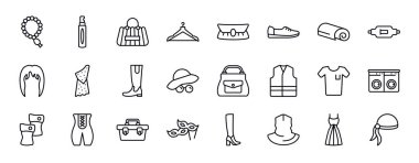 moda düzenlenebilir satır simgeleri ayarlandı. moda ince çizgi simgeleri koleksiyonu. tasbih, sprey şişesi, moda çantası, elbise askısı, aksesuar, ayakkabı kenarı görünümü, bez havlu illüstrasyonu.