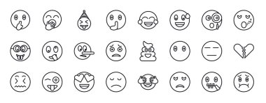 Düzenlenebilir emoji satırı simgeleri ayarlandı. Emoji ince çizgi simgeleri koleksiyonu. Şşş emoji, esneyen çılgın sessiz kahkaha terleyen tuhaf vektör çizimi.