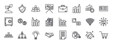 Dijital ekonomi düzenlenebilir çizgi simgeleri ayarlandı. Dijital ekonomi ince çizgi simgeleri koleksiyonu. filiz, sigorta, nüfus, sunum, evrak çantası, büyüme, üretkenlik vektörü illüstrasyonu.