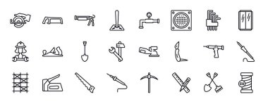 İnşa ve araçlar düzenlenebilir satır simgeleri ayarlandı. İnşaat ve aletler ince çizgi simgeleri koleksiyonu. Testere, metal testere, kazan tabancası, toprak, tahliye vanası, drenaj, Allen Keys vektör çizimi.