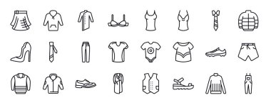 Düzenlenebilir kıyafet satırı simgeleri ayarlandı. Giysiler ince çizgi simgeleri koleksiyonu. İskoç eteği, yün, kurta, sutyen, tanktop, kaşkorse, kravat vektör çizimi.
