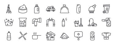 Düzenlenebilir satır simgeleri temizlendi. İnce çizgi simgeleri koleksiyonunu temizle. Charwoman, cream, soft tener, çöp kamyonu, çöp torbası, çözücü, duş başlığı illüstrasyonu.