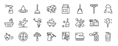 Düzenlenebilir satır simgeleri temizlendi. İnce çizgi simgeleri koleksiyonunu temizle. temizlik spreyi, sıvı, paspas, sünger, kabartma tozu, faraş, silecek vektör çizimi.