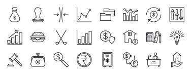 iş için düzenlenebilir satır simgeleri ayarlandı. İş dünyası ince çizgi simgeleri koleksiyonu. para çuvalı, kauçuk damga, ince grafik çizelgesi, iki klasör, grafikler, para dönüştürme vektör ilüstrasyonu.