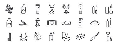 Güzellik çizgisi simgeleri ayarlandı. Güzellik ince çizgi simgeleri koleksiyonu. Bigudiler, sıvı makyaj, krem tüpü, saç makası, yüzünde salatalık dilimleri, yüz temizleyici, rimel vektör çizimi.