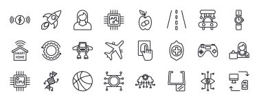 Yapay zeka düzenlenebilir satır simgeleri ayarlandı. Yapay zeka ince çizgi simgeleri koleksiyonu. kablosuz şarj, roket, kişisel asistan, çip, sentetik gıda, yol, yüksek hız tüp vektörü