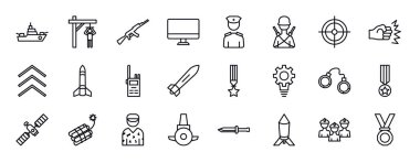 Ordu ve savaş için düzenlenebilir satır simgeleri ayarlandı. Ordu ve savaş ince çizgi simgeleri koleksiyonu. Savaş gemisi, işkence, bilgisayar, teğmen, piyade, silah ateşleme vektör çizimi.