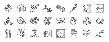activity and hobbies editable line icons set. activity and hobbies thin line icons collection. hunting, brewing, relaxing, boat race, boggle, flying a kite, pachinko vector illustration. clipart