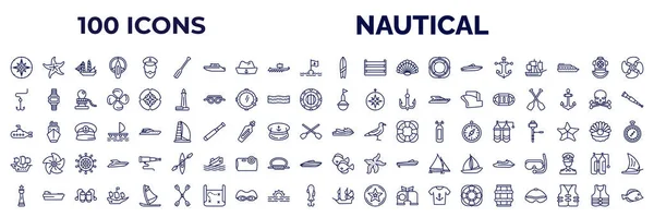 Set 100 Nautical Web Icons Outline Style Thin Line Icons — Stock Vector