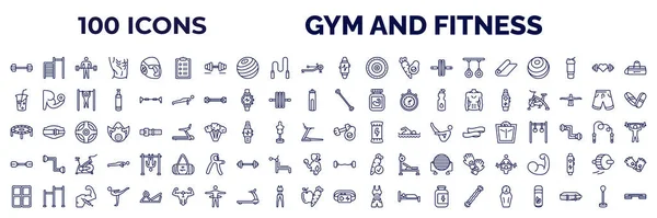 set of 100 gym and fitness web icons in outline style. thin line icons such as dumbbells exercise, to do list, sport watch, mat for fitness, vegetables juice, exercise bands, trampoline, little