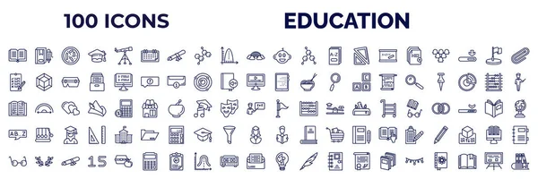 set of 100 education web icons in outline style. thin line icons such as dictionary, monthly calendar, kid, new document, exam, tactile tablet, reading an open book, alphabet, studying glasses,