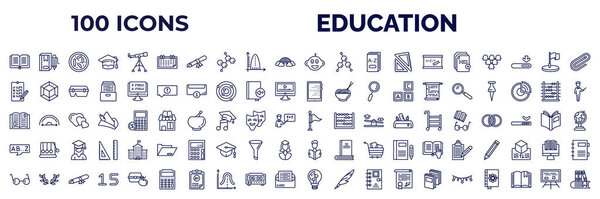 set of 100 education web icons in outline style. thin line icons such as dictionary, monthly calendar, kid, new document, exam, tactile tablet, reading an open book, alphabet, studying glasses,
