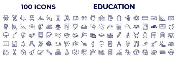 set of 100 education web icons in outline style. thin line icons such as owl, song, eugene onegin, photon, diploma with seal, graduation hat, canvas, square root in class, chemical test tube,