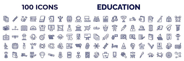 set of 100 education web icons in outline style. thin line icons such as three books, fraternity, data funnelling, muted book, school calculator, shoe, graduation pictures, microscope, uniform,