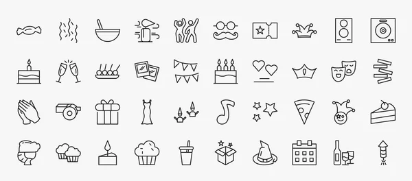 set of 40 party icons in outline style. thin line icons such as candy paper, bowl with straw, clown head, dj playing records, skewer, cake with three candles, king crown, giftbox with ribbon, pizza