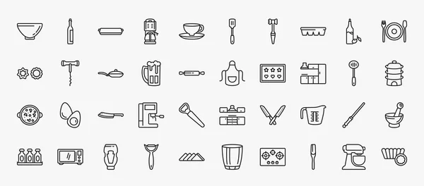 Set Kitchen Icons Outline Style Thin Line Icons Soup Bowl — Stockvector