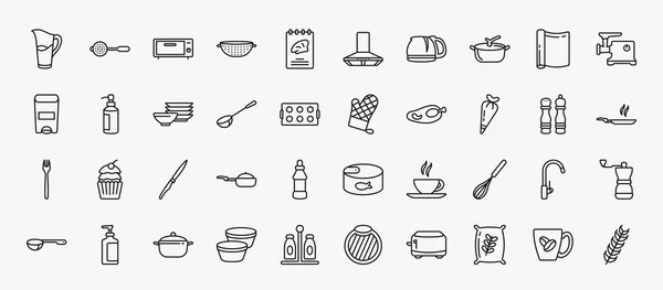 Set Kitchen Icons Outline Style Thin Line Icons Pitcher Bun — ストックベクタ