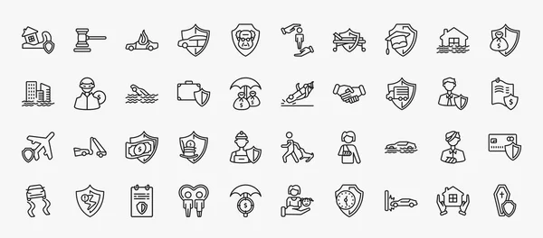 Set Insurance Icons Outline Style Thin Line Icons Disaster Burning — ストックベクタ