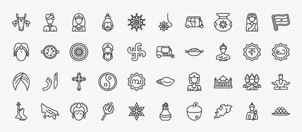Set India Icons Outline Style Thin Line Icons Indian Cow — Stockvektor