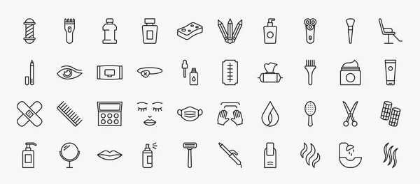 set of 40 beauty icons in outline style. thin line icons such as barber shop, mouthwash, electric shaver, beauty salon chair, wipes, big razor blade, tint brush, eye shadow, inclined hairbrush,