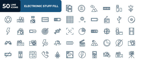 set of 50 electronic stuff fill web icons in outline style. thin line icons such as photogram, ro, half battery, usb connection, objective, video file list, compact camera, scenic, flash, phone