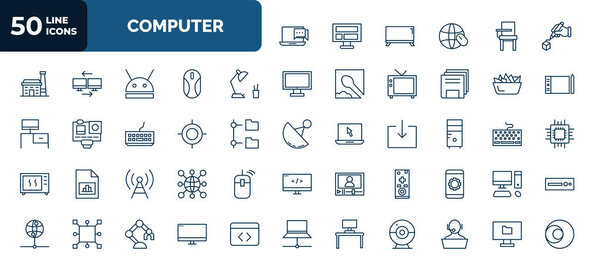 set of 50 computer web icons in outline style. thin line icons such as online chat, 3d printing pen, study lamp, chips, calibrate, pc tower, telecommunications, tv controller, work station, computer