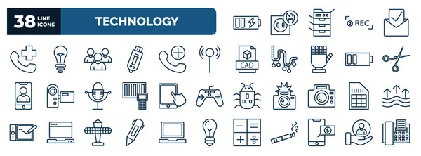 Set Technology Web Icons Outline Style Thin Line Icons Battery — Vector de stock
